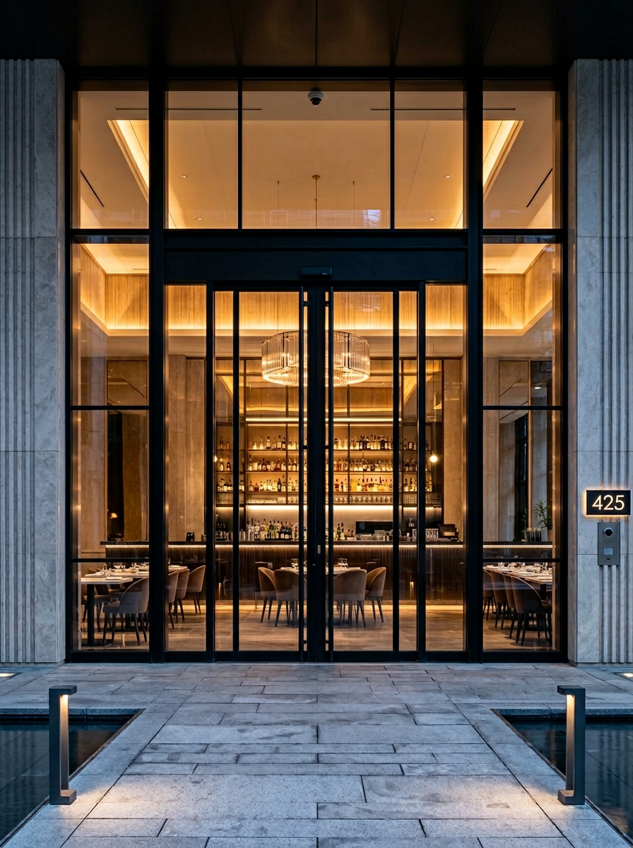 Steel facade system on building exterior